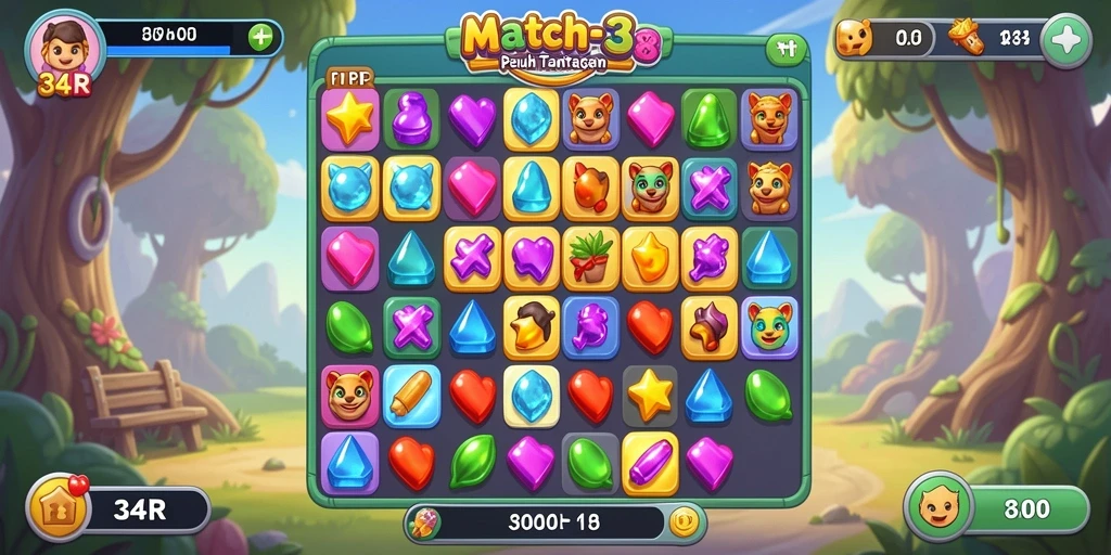 Tampilan gameplay 34R yang menarik dengan elemen Match-3 yang menantang.