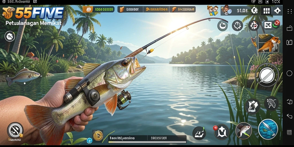 Tampilan gameplay memancing seru di 55FIVE dengan ikan-ikan berwarna-warni.