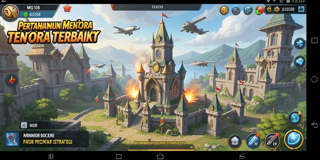 Tampilan gameplay MG108 saat mempertahankan menara dari serangan musuh.