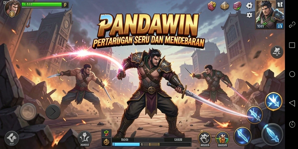 Tampilan pertarungan seru dalam gameplay PANDAWIN.