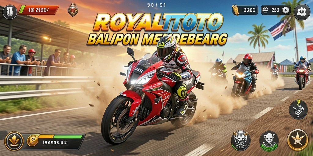 Tampilan gameplay seru di ROYALTOTO dengan balapan motor yang mendebarkan.